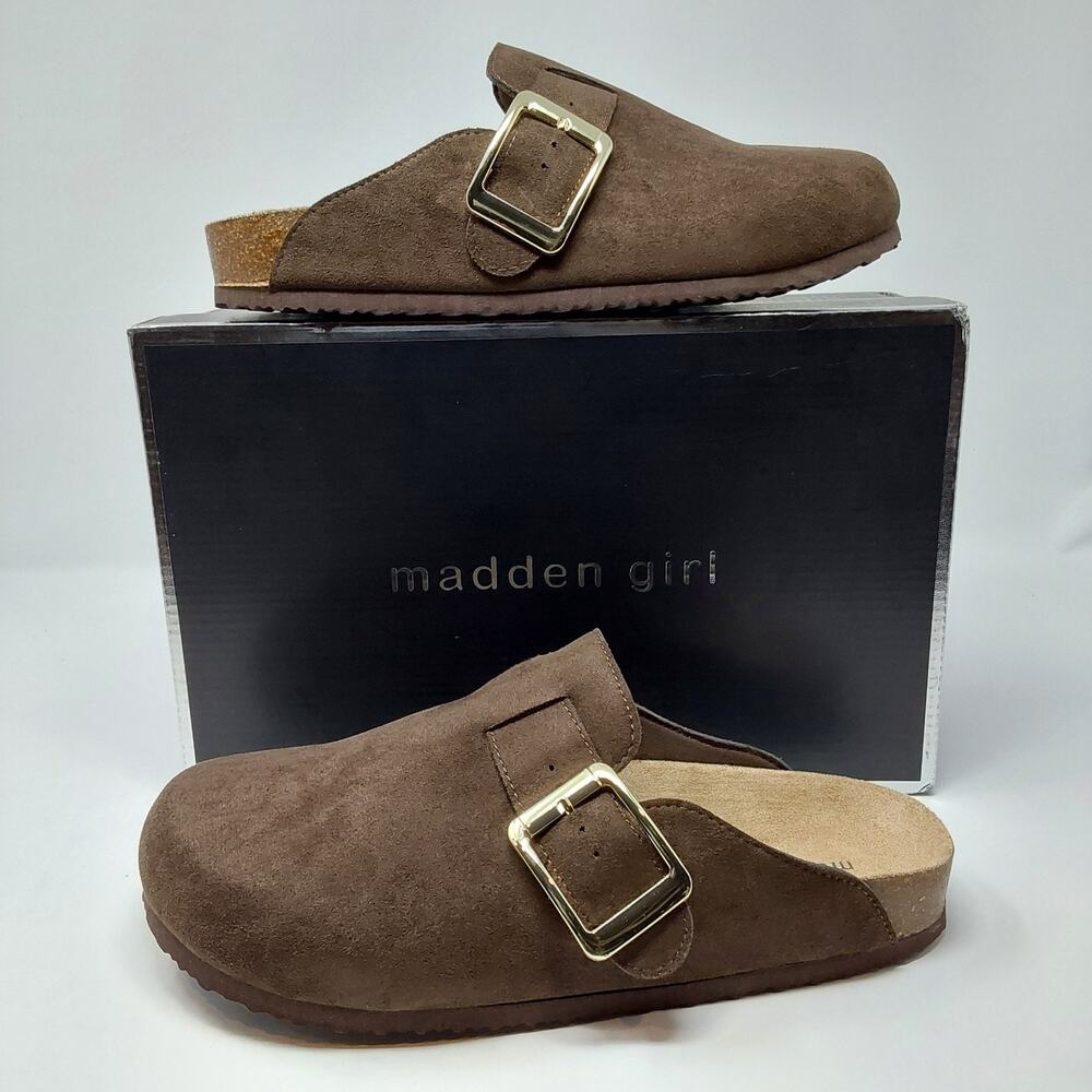 Madden Girl Prim Womens 9.5 Dark Brown Faux Suede Buckle Clogs Mules